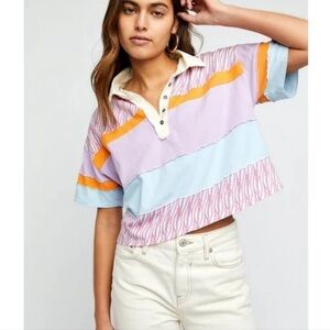 Free People Bella Stripe Retro Combo Cropped Polo Pastel Size Small